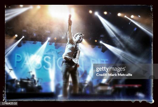 Michael Angelakos of Passion Pit performs for fans on day 3 of the 2013 Splendour In The Grass Festival on July 28, 2013 in Byron Bay, Australia.