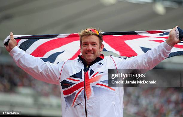 Daniel Greaves of Great Britain celebrates victory in the Mens F42/44 Discus during day three of the Sainsbury's Anniversary Games - IAAF Diamond...