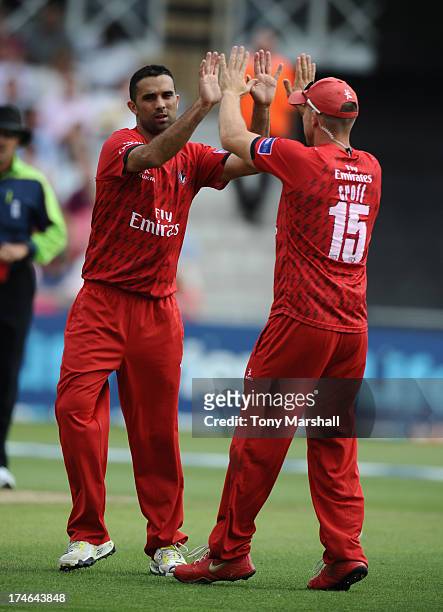 Kabir Ali of Lancashire Lightning celebrates after bowling out Samit Patel of Nottinghamshire Outlaws during the Friends Life T20 match between...