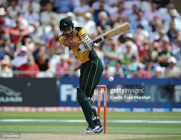 Alex Hales of Notiinghamshire Outlaws batting during the Friends Life T20 match between Nottinghamshire Outlaws and Lancashire Lightning at Trent...