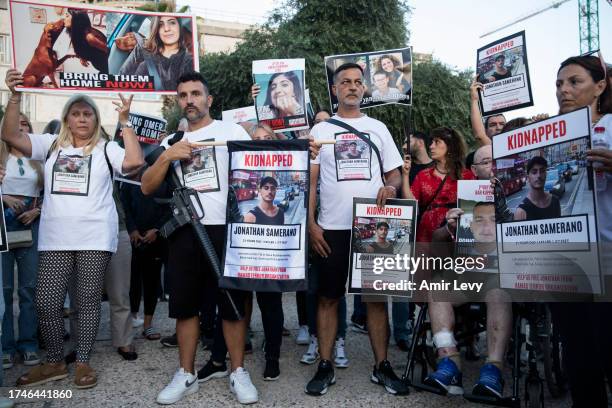 Relatives and family members of hostages that were kidnaped to the Gaza Strip hold a demonstration and call for the Israeli government to bring them...