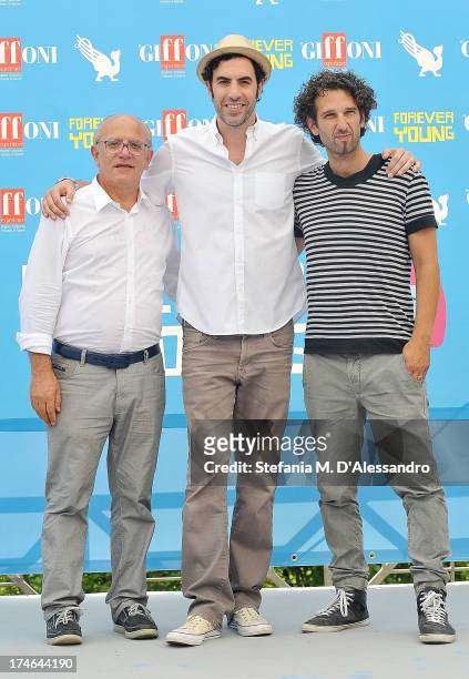 Claudio Gubitosi, Sacha Baron Cohen and Manlio Castagna attend 2013 Giffoni Film Festival photocall on July 28, 2013 in Giffoni Valle Piana, Italy.