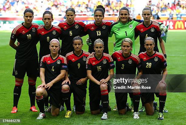 The team of Germany lines up before the UEFA Women's EURO 2013 final match between Germany and Norway at Friends Arena on July 28, 2013 in Solna,...