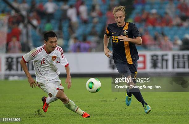 Mitchell Nichols of Australia competes for the ball with Wu Xi of China during the EAFF East Asian Cup match between Australia and China at Jamsil...