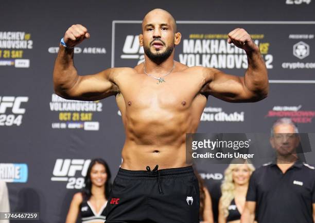 Abu Azaitar of Germany poses on the scale during the UFC 294 ceremonial weigh-in at Etihad Arena on October 20, 2023 in Abu Dhabi, United Arab...