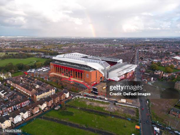 An aerial view of Anfield, home to Liverpool prior to the UEFA Europa League 2023/24 match between Liverpool FC and Toulouse FC at Anfield on October...