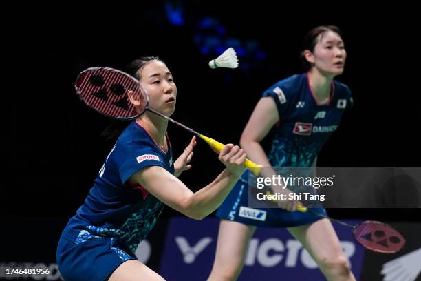 Mayu Matsumoto and Wakana Nagahara of Japan compete in the Women's Doubles Quarter Finals match against Febriana Dwipuji Kusuma and Amallia Cahaya...