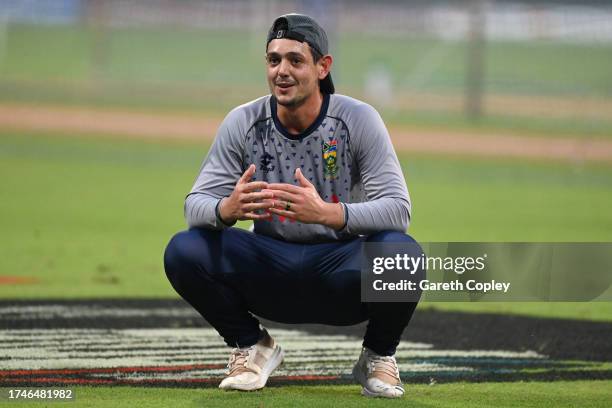 Of South Africa during a net session at Wankhede Stadium on October 20, 2023 in Mumbai, India.