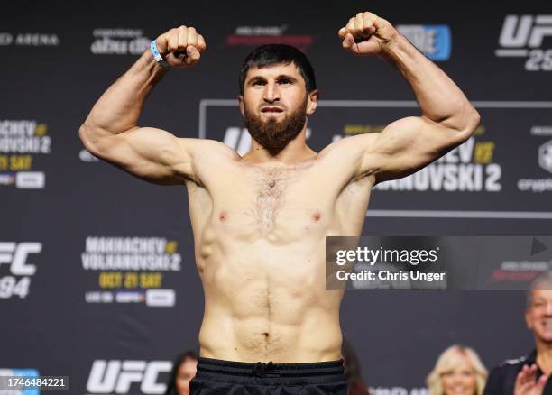 Magomed Ankalaev of Russia poses on the scale during the UFC 294 ceremonial weigh-in at Etihad Arena on October 20, 2023 in Abu Dhabi, United Arab...