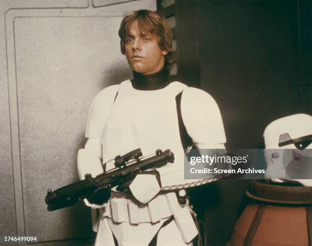 Mark Hamill as Luke Skywalker disguised as a storm trooper in scene from 'Star Wars Episode 4 A New Hope' 1977.