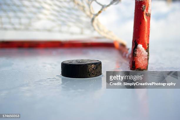 hockey net and puck - hockey puck stock pictures, royalty-free photos & images