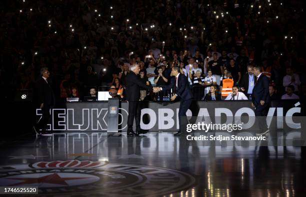 Zeljko Obradovic, Head Coach of Partizan Mozzart Bet Belgrade and Ioannis Sfairopoulos, Head Coach of Crvena Zvezda Meridianbet Belgrade shake hands...