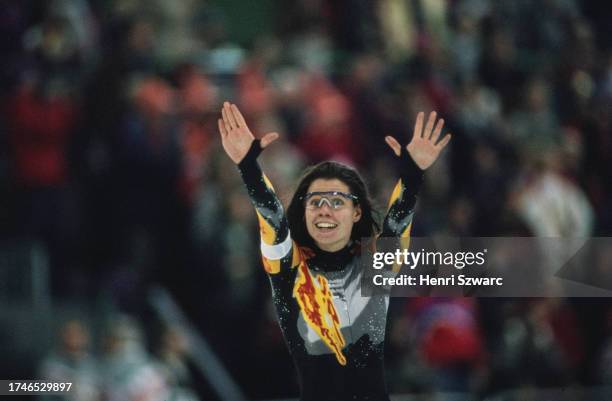 German speed skater Franziska Schenk smiles and waves to the crowd at the medal ceremony following the Women's 500 metres event of the speed skating...