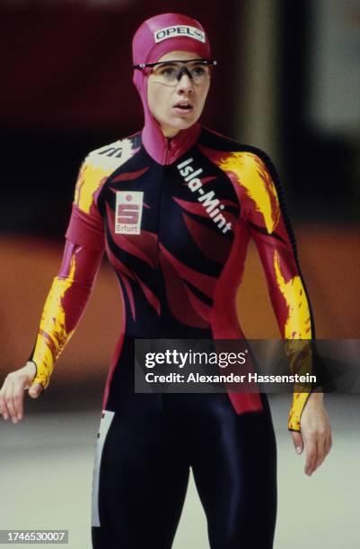 German speed skater Franziska Schenk competes at the 1997 German Speed Skating Championships, held at the Sportforum Hohenschonhausen in Berlin,...