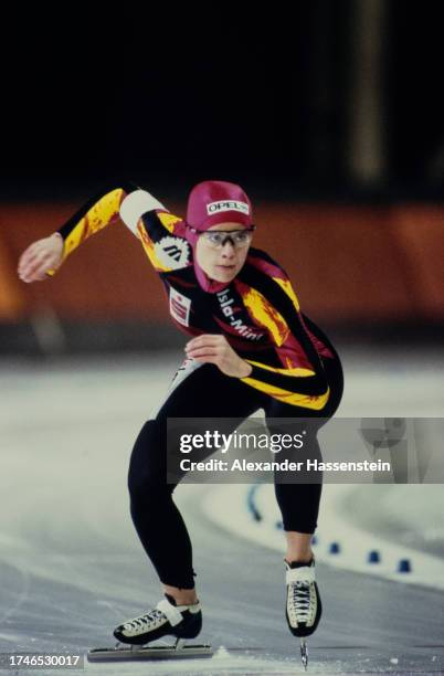 German speed skater Franziska Schenk competes at the 1997 German Speed Skating Championships, held at the Sportforum Hohenschonhausen in Berlin,...