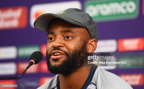 Temba Bavuma of South Africa looks on as they are interviewed during the ICC Men's Cricket World Cup India 2023 England & South Africa Net Sessions...