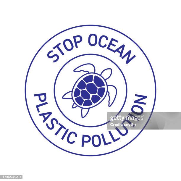stop ocean plastic pollution badge vector illustration. hand drawn inspirational lettering for poster, banner, greeting card, t-shirt. - plastic animals stock illustrations
