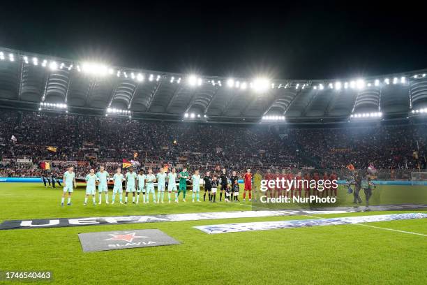 Roma and Slavia Praha lines up during the UEFA Europa League Group G match between AS Roma and Slavia Praha at Stadio Olimpico on October 26, 2023 in...