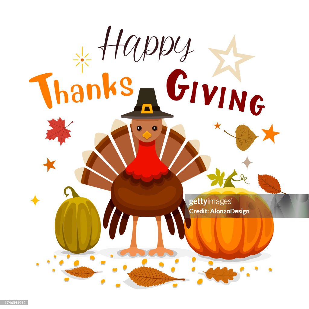 Thanksgiving Day card with Pilgrim Turkey and Pumpkins.