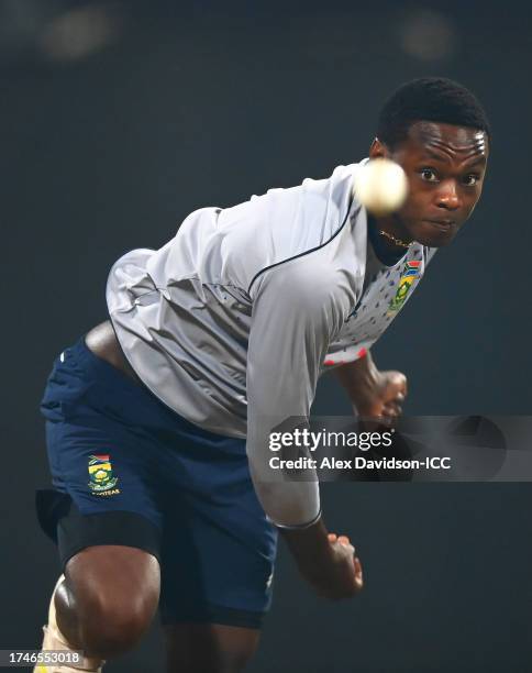 Kagiso Rabada of South Africa in bowling action during the ICC Men's Cricket World Cup India 2023 England & South Africa Net Sessions at Wankhede...