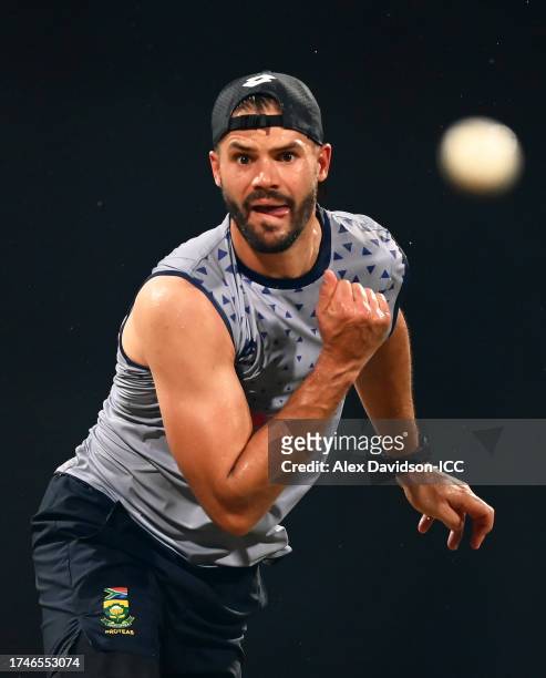 Aiden Markram of South Africa in bowling action during the ICC Men's Cricket World Cup India 2023 England & South Africa Net Sessions at Wankhede...