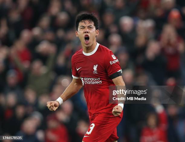 Wataru Endo of Liverpool goal celebration during the UEFA Europa League 2023/24 match between Liverpool FC and Toulouse FC at Anfield on October 26,...