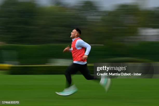 Lautaro Martinez of FC Internazionale in action during the FC Internazionale training session at the club's training ground Suning Training Center at...