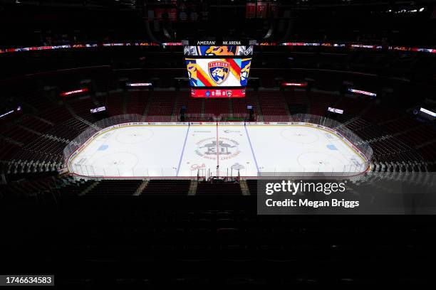 General view of the ice prior to a game between the Toronto Maple Leafs and Florida Panthers at Amerant Bank Arena on October 19, 2023 in Sunrise,...