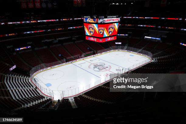 General view of the ice prior to a game between the Toronto Maple Leafs and Florida Panthers at Amerant Bank Arena on October 19, 2023 in Sunrise,...