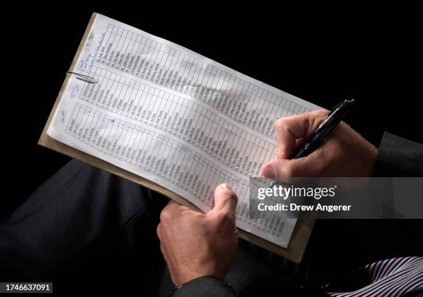 Lawmaker keeps tallies as the House of Representatives votes for a third time on whether to elevate Rep. Jim Jordan to Speaker of the House in the...