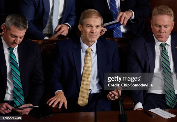 Rep. Jim Jordan , Republican Speaker designee, watches as the House of Representatives votes for a third time on whether to elevate Jordan to Speaker...