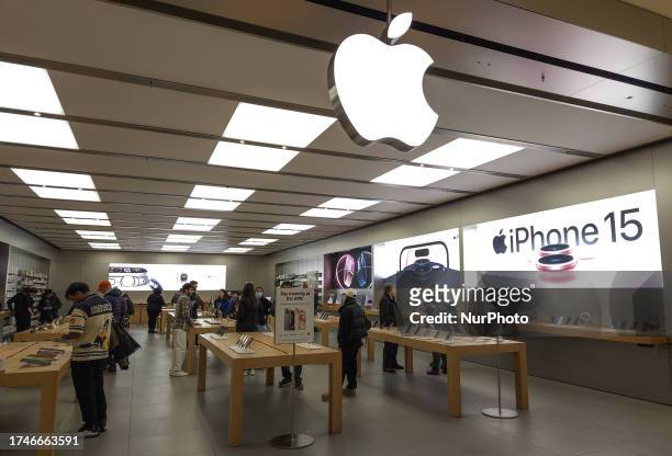 View of the Apple Store and logo inside a local Edmonton shopping center, on Octobers 25 in Edmonton, Alberta, Canada.