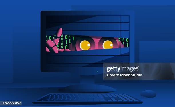 robot peepping from computer monitor vector illustration - sneaky robot stock illustrations