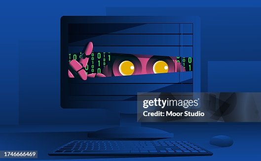 Robot peepping from computer monitor vector illustration Robot peepping from computer monitor vector illustration