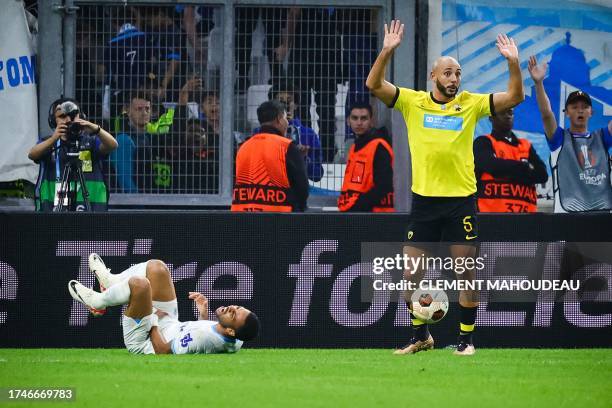 S Dutch forward Nordin Amrabat after comitting a fault during the UEFA Europa League Group B football match between Olympique Marseille and AEK...