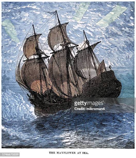 old engraved illustration of the mayflower at sea, english ship that transported the first english puritans - the mayflower stock pictures, royalty-free photos & images