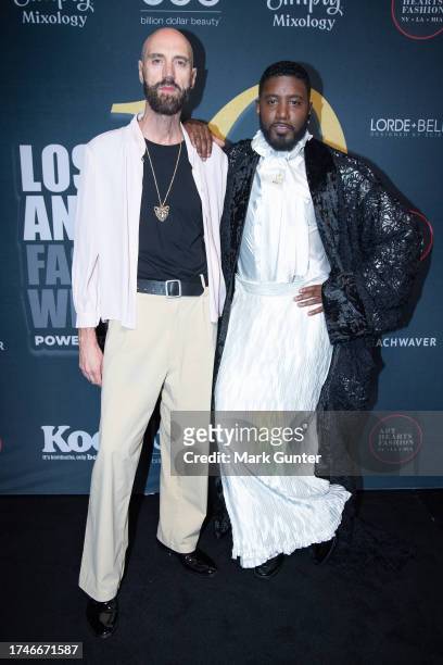 Raimondo Rossi and Septimius The Great arrives on the red carpet during Los Angeles Fashion Week at The Majestic in on October 19, 2023 in Los...