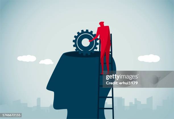 put the gear in the brain - young man taking vitamins stock illustrations