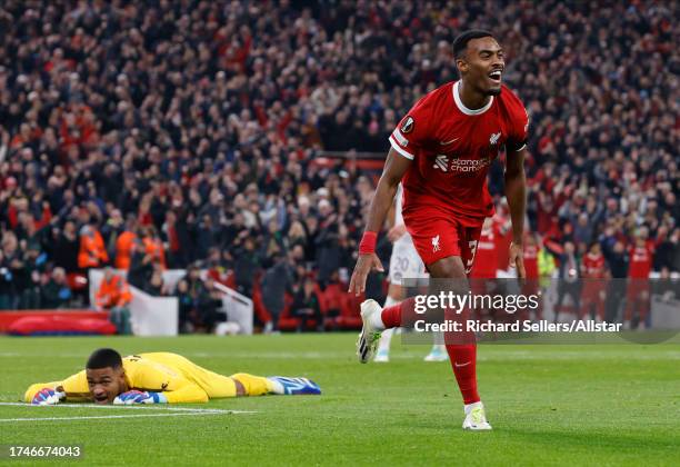 Ryan Gravenberch of Liverpool celebrates his goal with Guillaume Restes on the floor during the UEFA Europa League 2023/24 match between Liverpool FC...