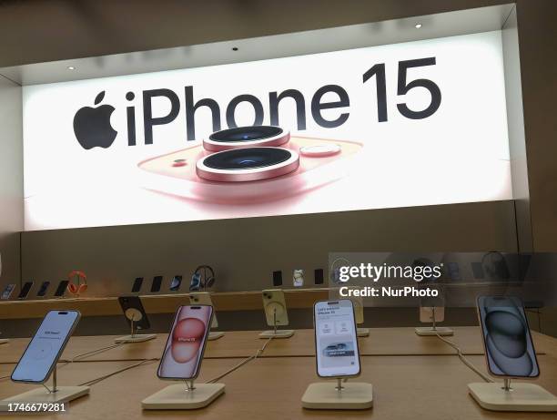 View of the new iPhone 15 inside the Apple Store at a local Edmonton shopping center, on Octobers 25 in Edmonton, Alberta, Canada.