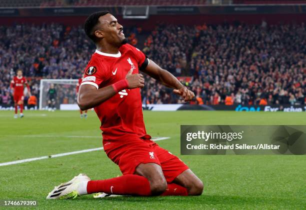 Ryan Gravenberch of Liverpool celebrates his goal during the UEFA Europa League 2023/24 match between Liverpool FC and Toulouse FC at Anfield on...