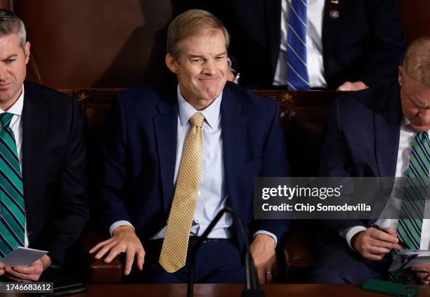 Rep. Jim Jordan , Republican Speaker designee, watches as the House of Representatives votes for a third time on whether to elevate Jordan to Speaker...