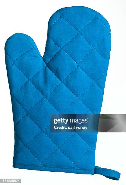 single blue quilted pot holder with a strap to hang them - oven glove stock pictures, royalty-free photos & images