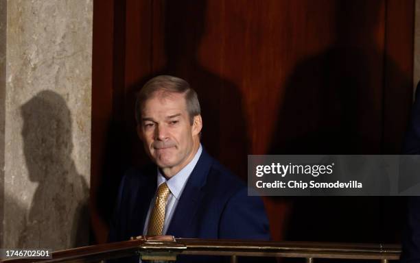 Rep. Jim Jordan leaves the House chamber after the House of Representatives failed to elevate Jordan to Speaker of the House for the third time in...