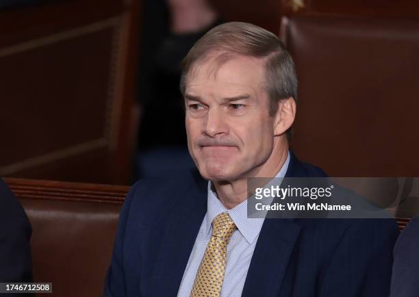 Rep. Jim Jordan sits in the House chamber after the House of Representatives failed to elevate Jordan to Speaker of the House for the third time in...