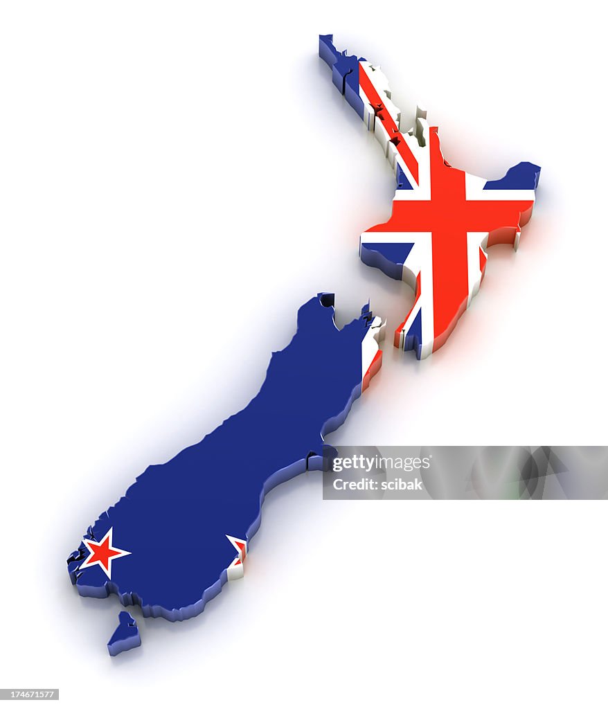 Map of New Zealand with flag overlaid