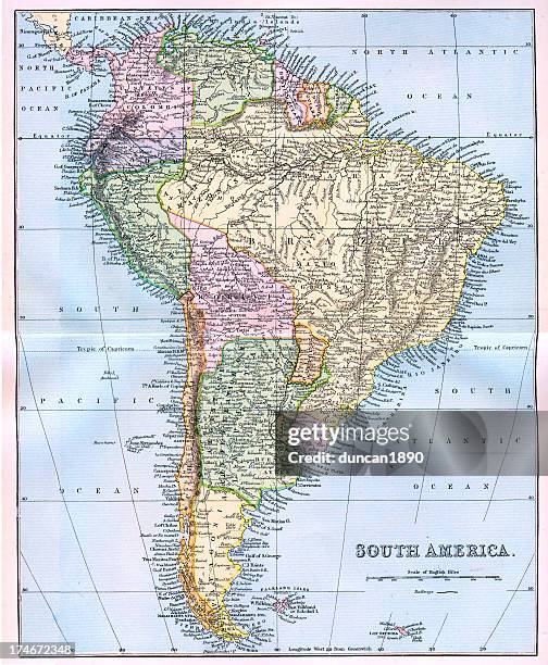 illustrazioni stock, clip art, cartoni animati e icone di tendenza di mappa di sud america del xix secolo - isole dell'oceano atlantico meridionale