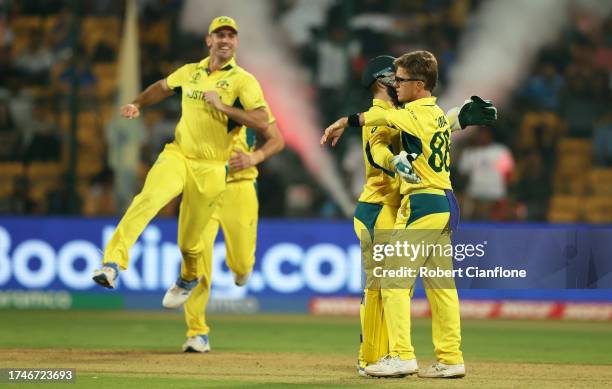 Adam Zampa of Australia celebrates the wicket of Mohammad Nawaz of Pakistan during the ICC Men's Cricket World Cup India 2023 between Australia and...