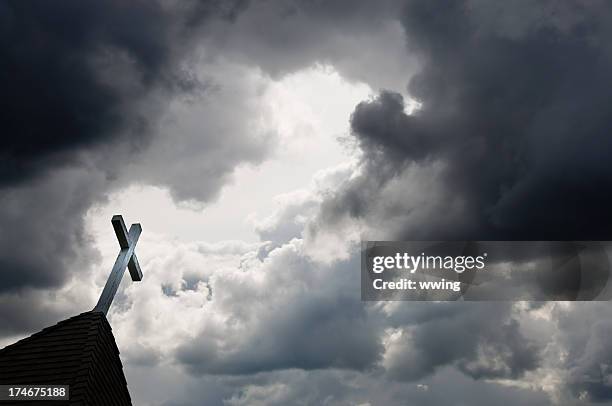 white cross and wood steeple - steeple stock pictures, royalty-free photos & images