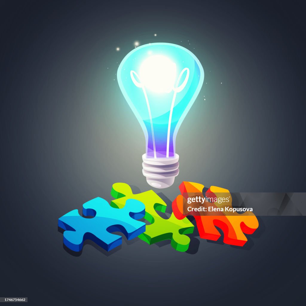 Concepto de creatividad e ideas en estilo de dibujos animados. Bombilla apagada con rompecabezas desmontados sobre un fondo abstracto. Elegante plantilla vectorial creativa.